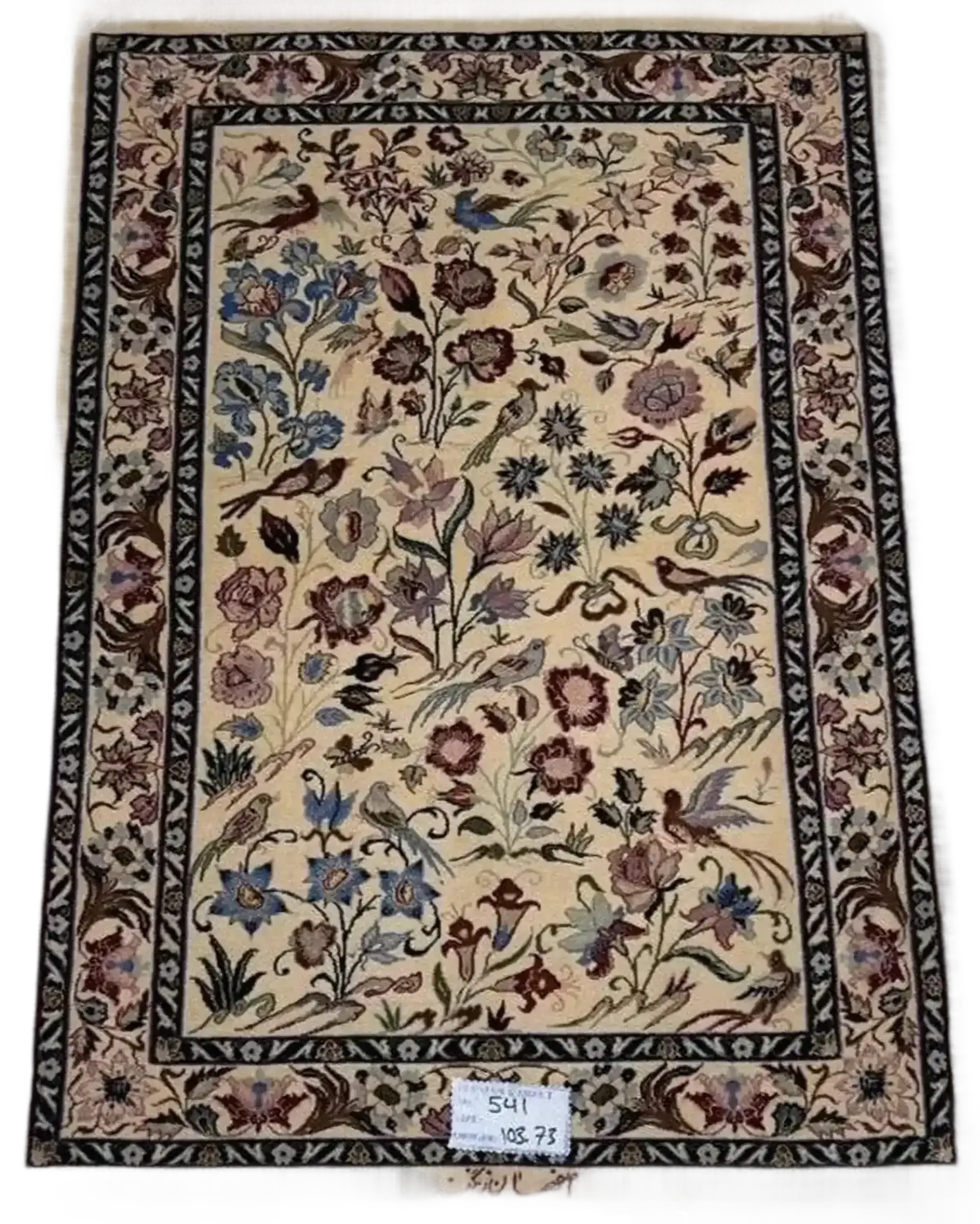 "Hand-knotted Persian rug by Zangeneh – 103x73 cm, crafted with wool and silk, featuring 1,000,000 knots per square meter, offering exquisite Persian craftsmanship and elegance for any home." 
